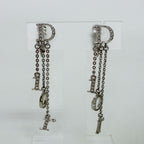 Dior Logo Letter Charm Earrings Plated Rhinestone Silver Clear Vintage
