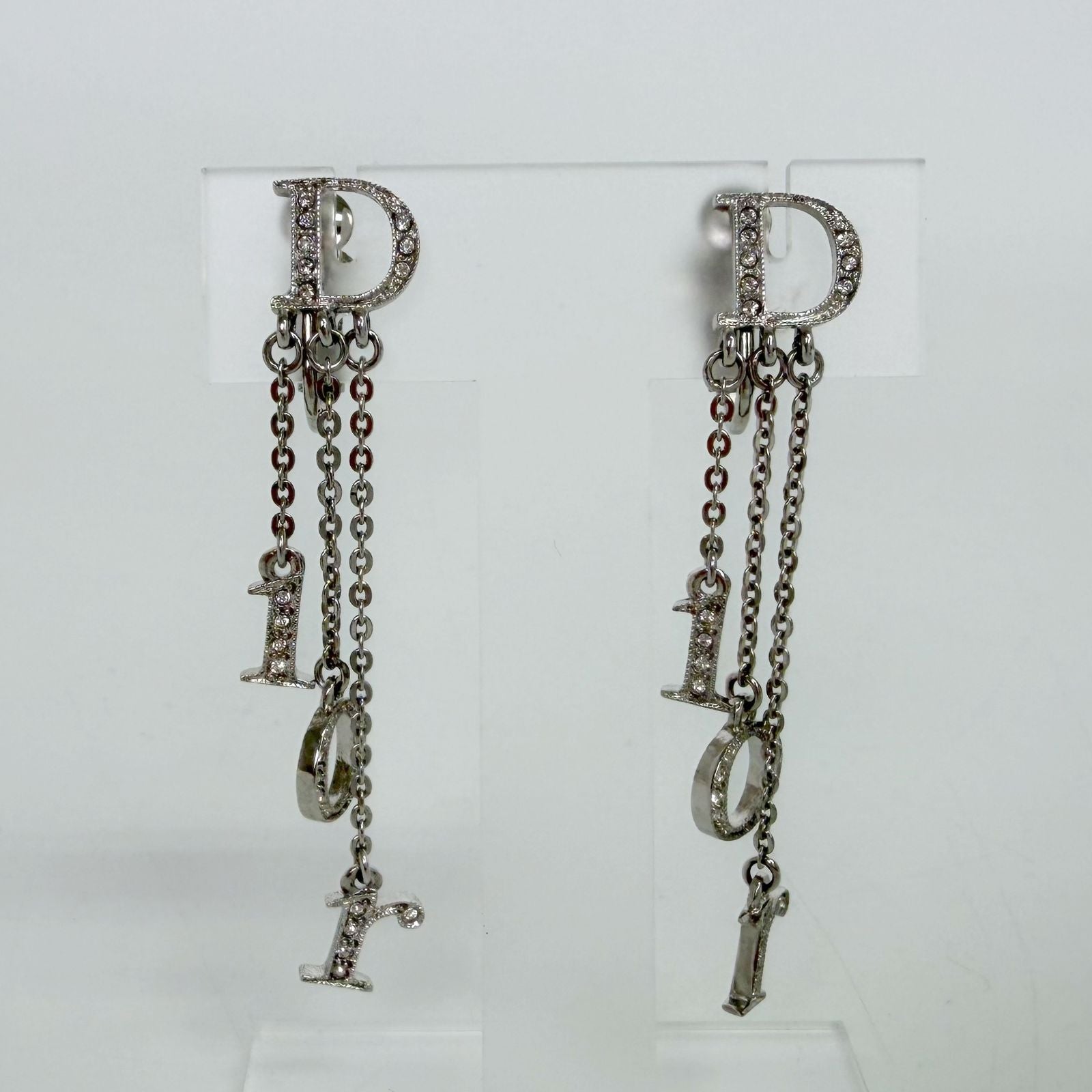Dior Logo Letter Charm Earrings Plated Rhinestone Silver Clear Vintage