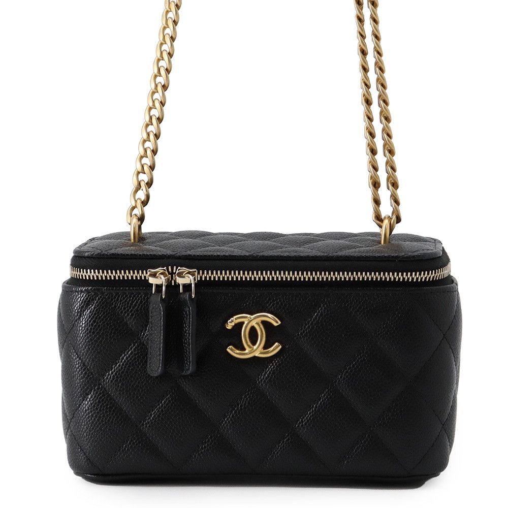 Chanel Chain Shoulder Bag Quilted CC Logo Vanity Caviar Leather Black