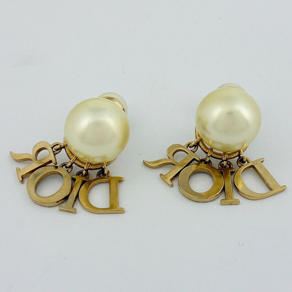 Dior Earrings Metal Faux Pearl Rhinestone Gold White — view 4