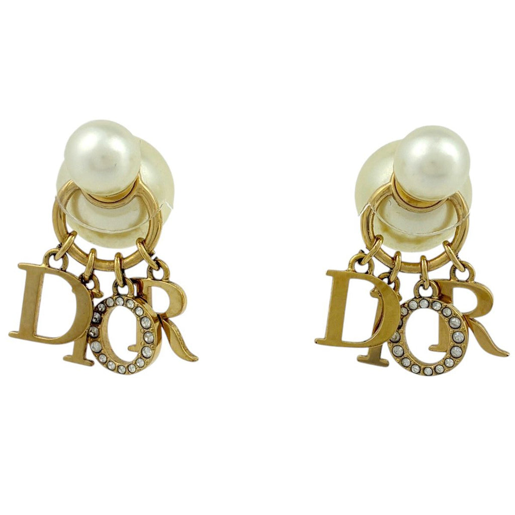 Dior Earrings Metal Faux Pearl Rhinestone Gold White