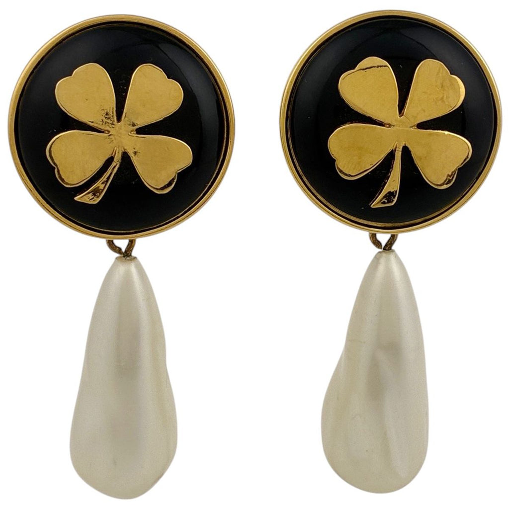 Chanel Earrings Clover Swing Faux Pearl Gold Black