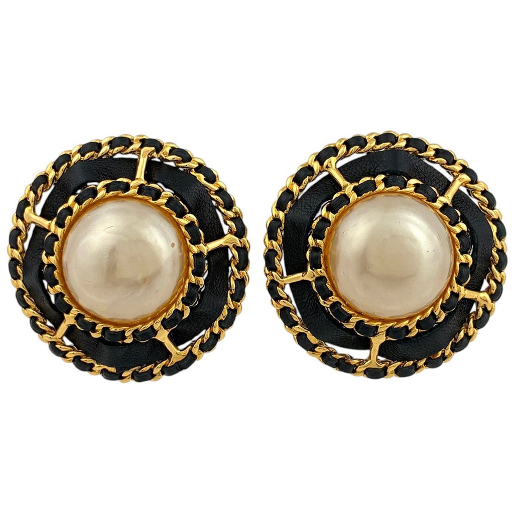 Chanel Earrings Round Faux Pearl Leather Gold White Black