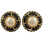 Chanel Earrings Round Faux Pearl Leather Gold White Black