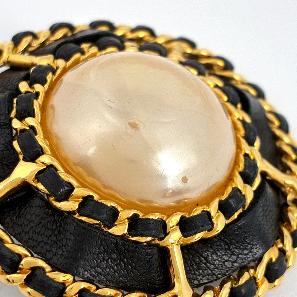 Chanel Earrings Round Faux Pearl Leather Gold White Black — view 4