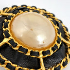 Chanel Earrings Round Faux Pearl Leather Gold White Black — view 4