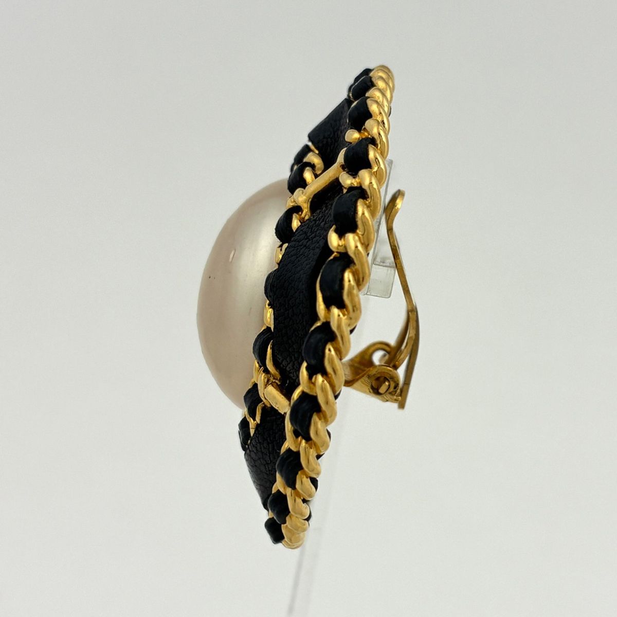 Chanel Earrings Round Faux Pearl Leather Gold White Black — view 2