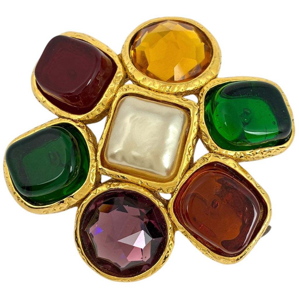 Chanel Brooch Gripoix Faux Pearl Color Stone Rhinestone Gold White Green