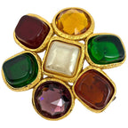 Chanel Brooch Gripoix Faux Pearl Color Stone Rhinestone Gold White Green