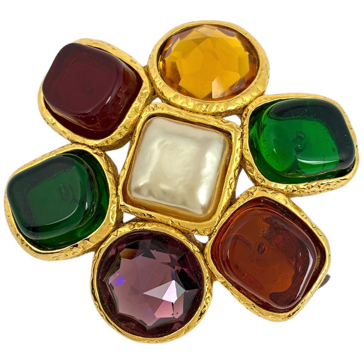 Chanel Brooch Gripoix Faux Pearl Color Stone Rhinestone Gold White Green