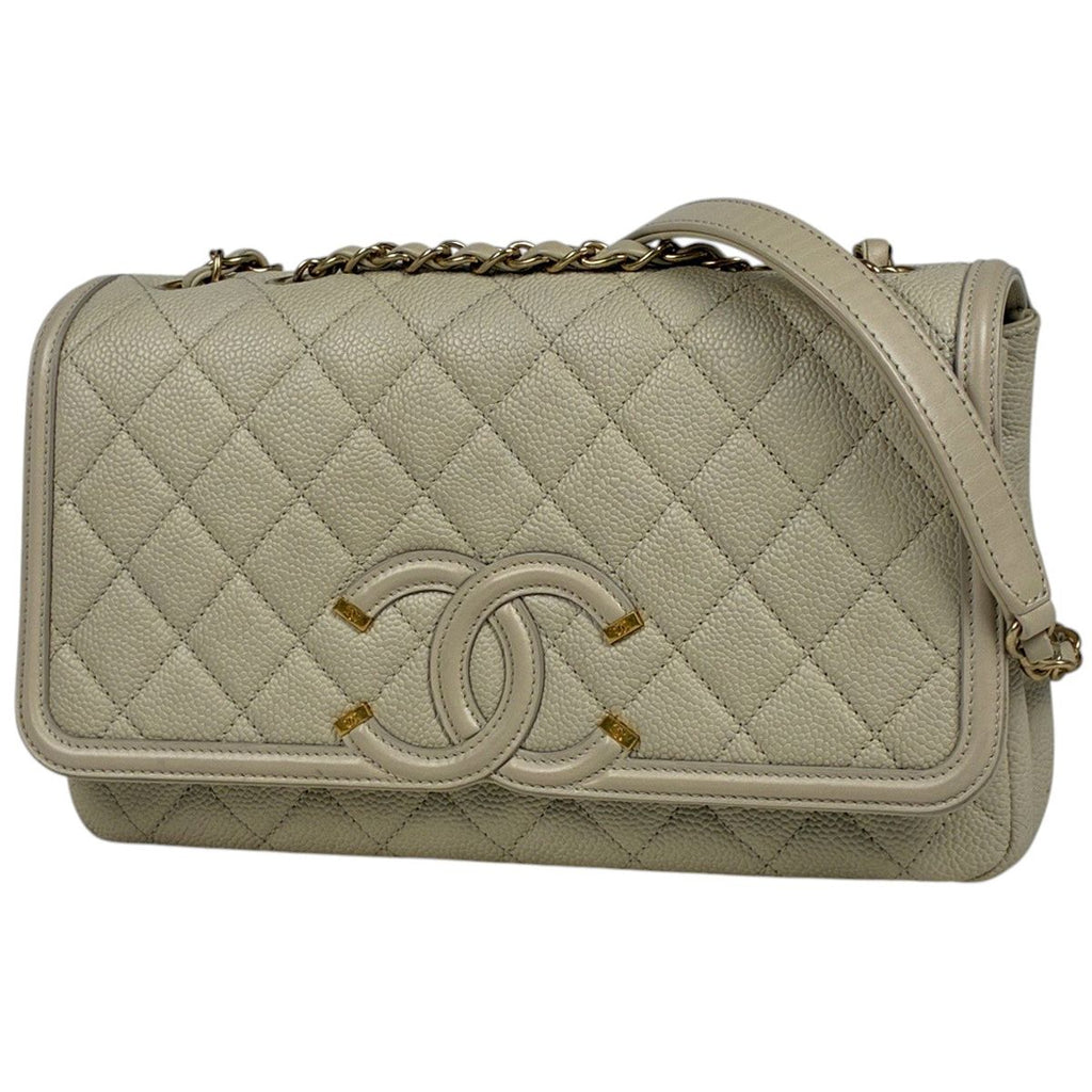 Chanel Shoulder Bag CC Filigree CC Logo Quilted Chain Caviar Leather Light Beige