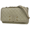 Chanel Shoulder Bag CC Filigree CC Logo Quilted Chain Caviar Leather Light Beige