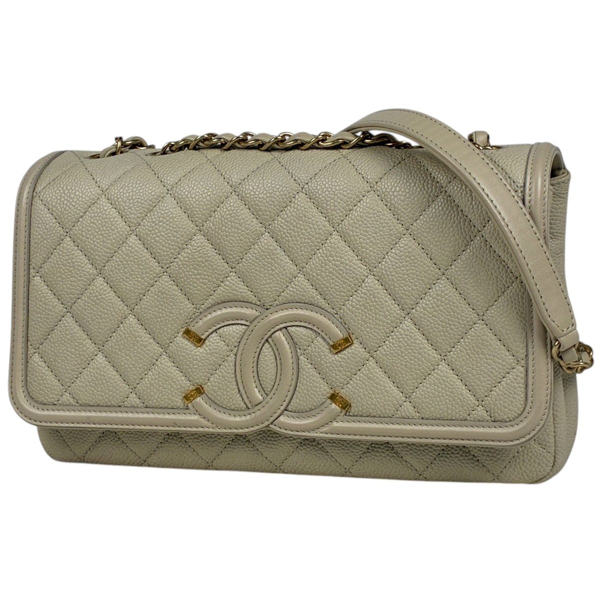Chanel Shoulder Bag CC Filigree CC Logo Quilted Chain Caviar Leather Light Beige