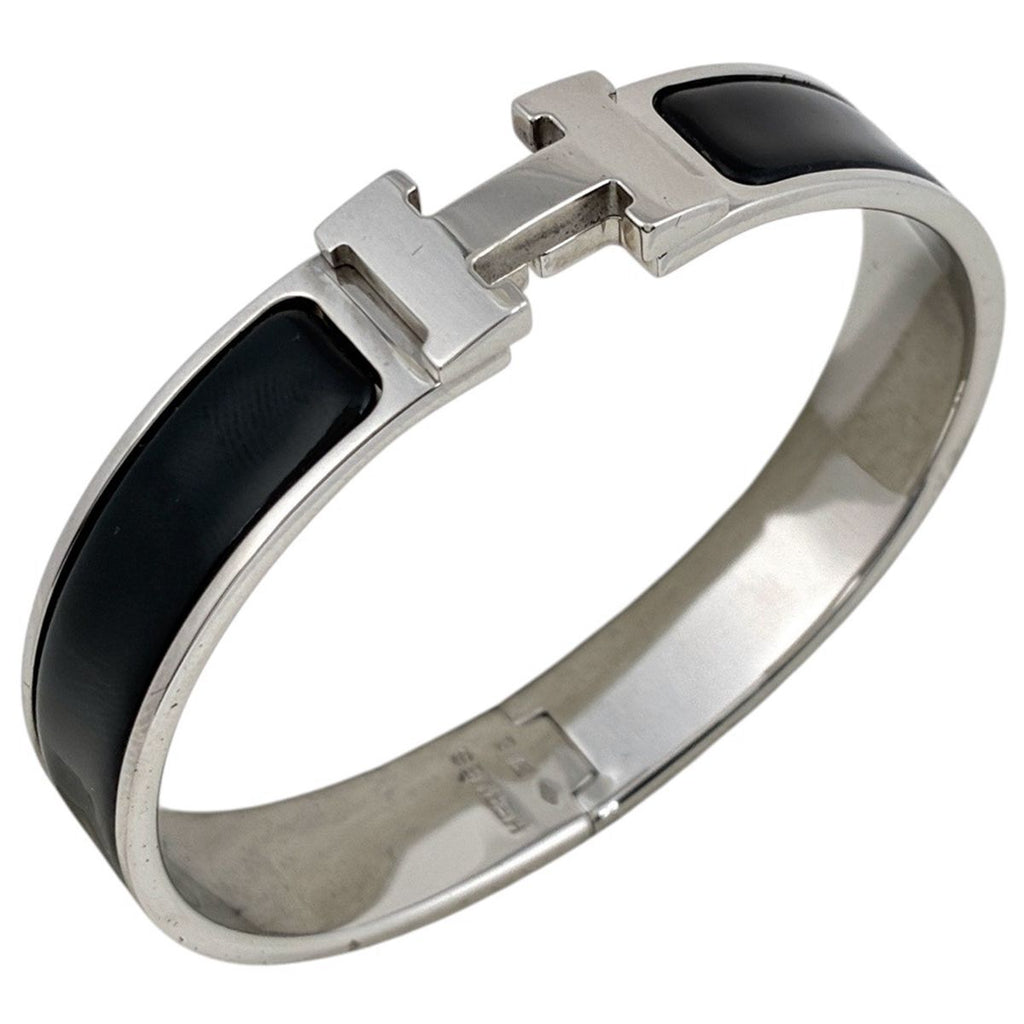 Hermes Click Bangle Enamel Bracelet Clic Clac Silver Plated Black