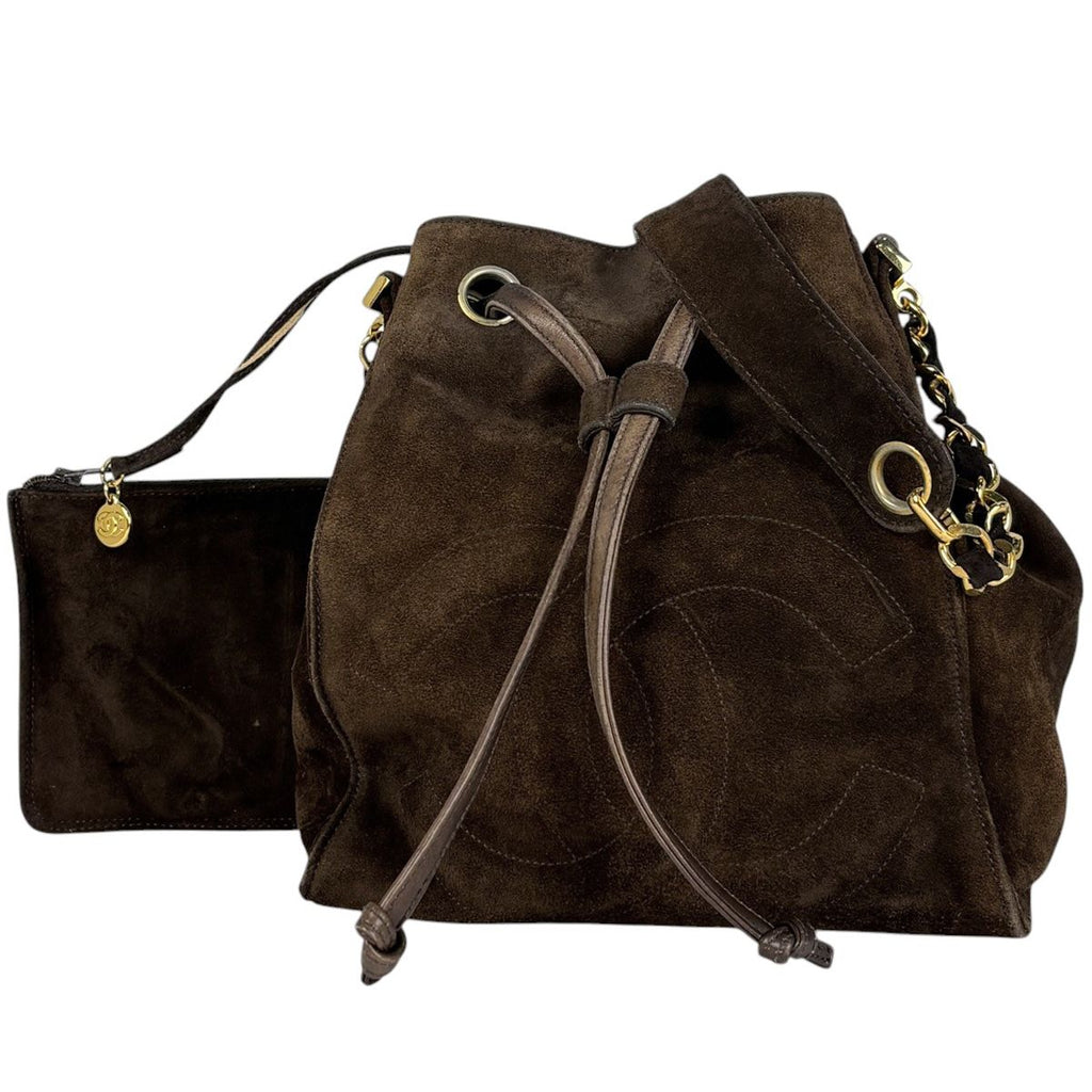 Chanel Shoulder Bag CC Logo Drawstring Suede Brown