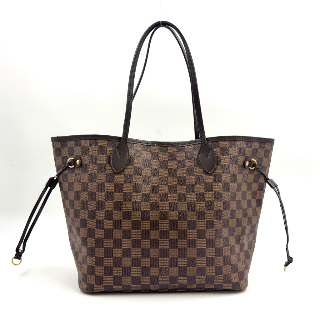 Louis Vuitton Neverfull MM Damier Ebene Pouch Leather Brown Tote Gold