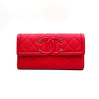 Chanel CC Filigree CC Logo Caviar Leather Red Wallet Gold