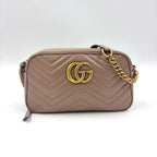 Gucci GG Marmont Quilted Small Chain Leather Beige Shoulder Bag Gold