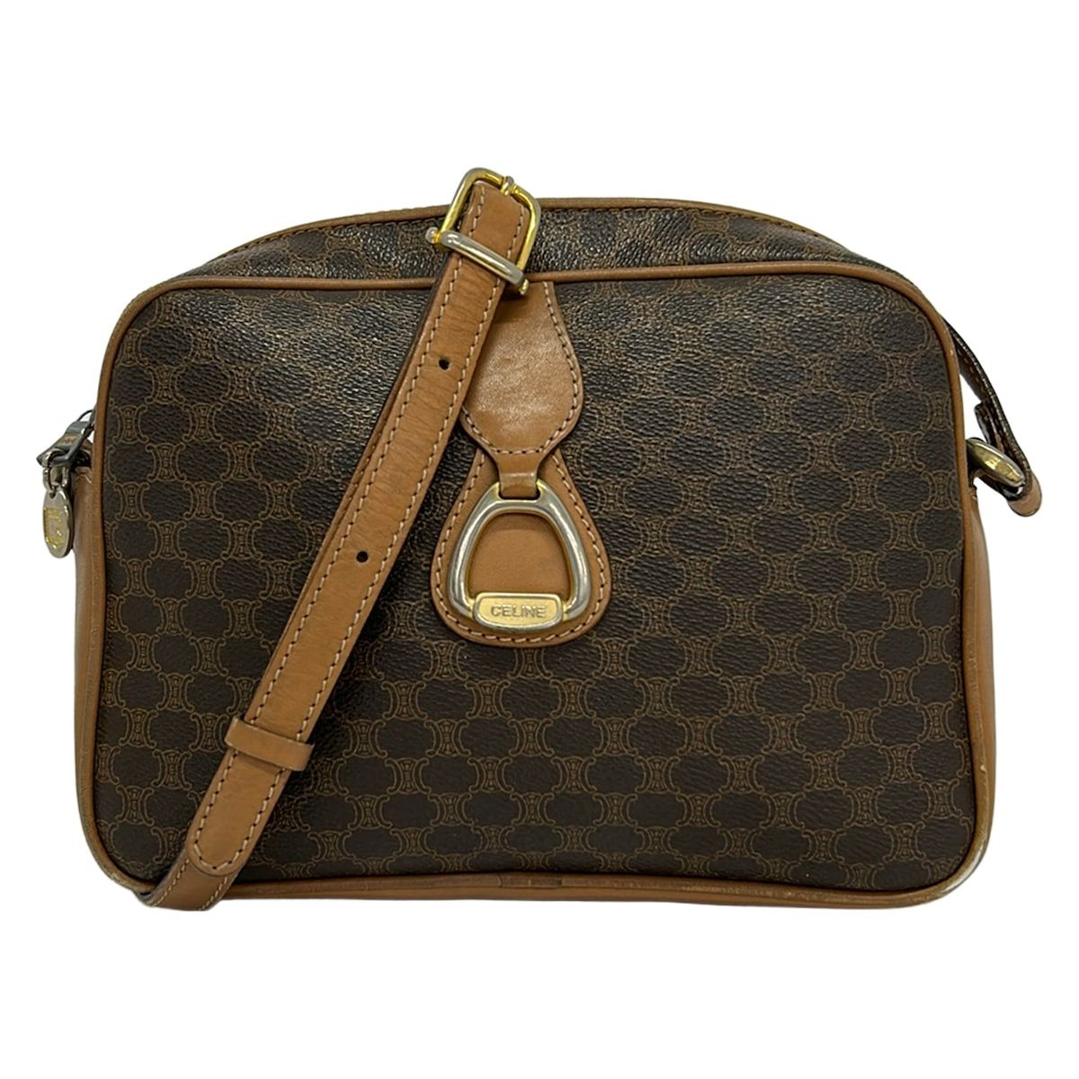 Celine Shoulder Bag Macadam Pattern Dark Brown Leather