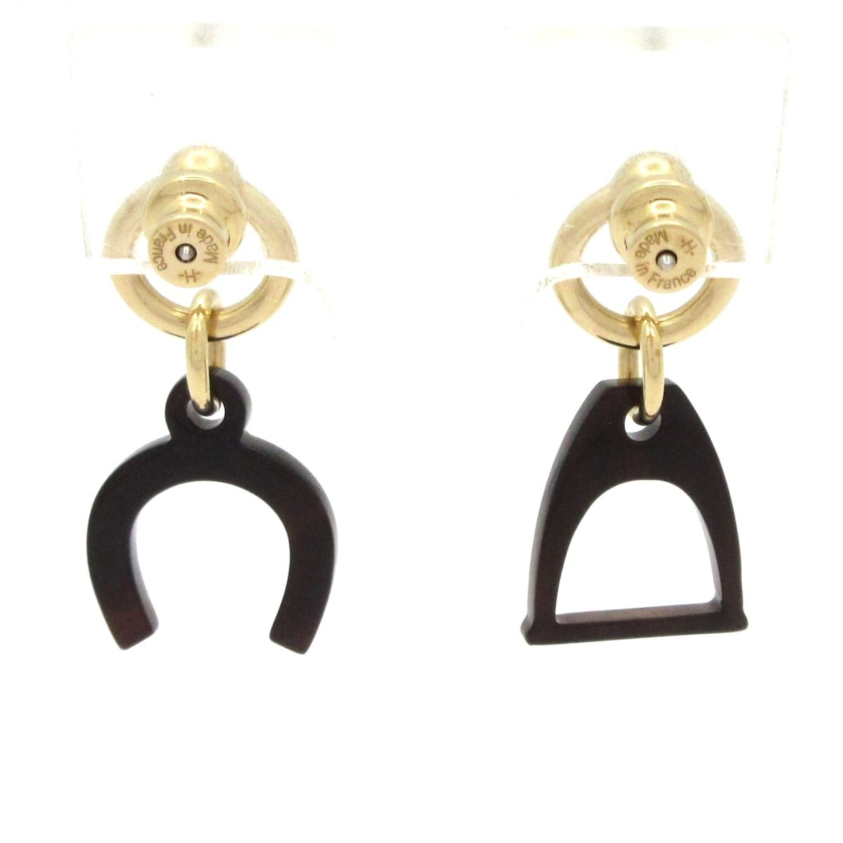 Hermes Earrings Amulet Equestre Gold Dark Brown Horseshoe Motif — view 3