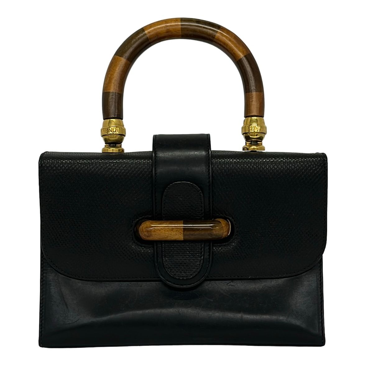 Fendi Handbag Black Dark Brown Pecan Wood Handle Leather
