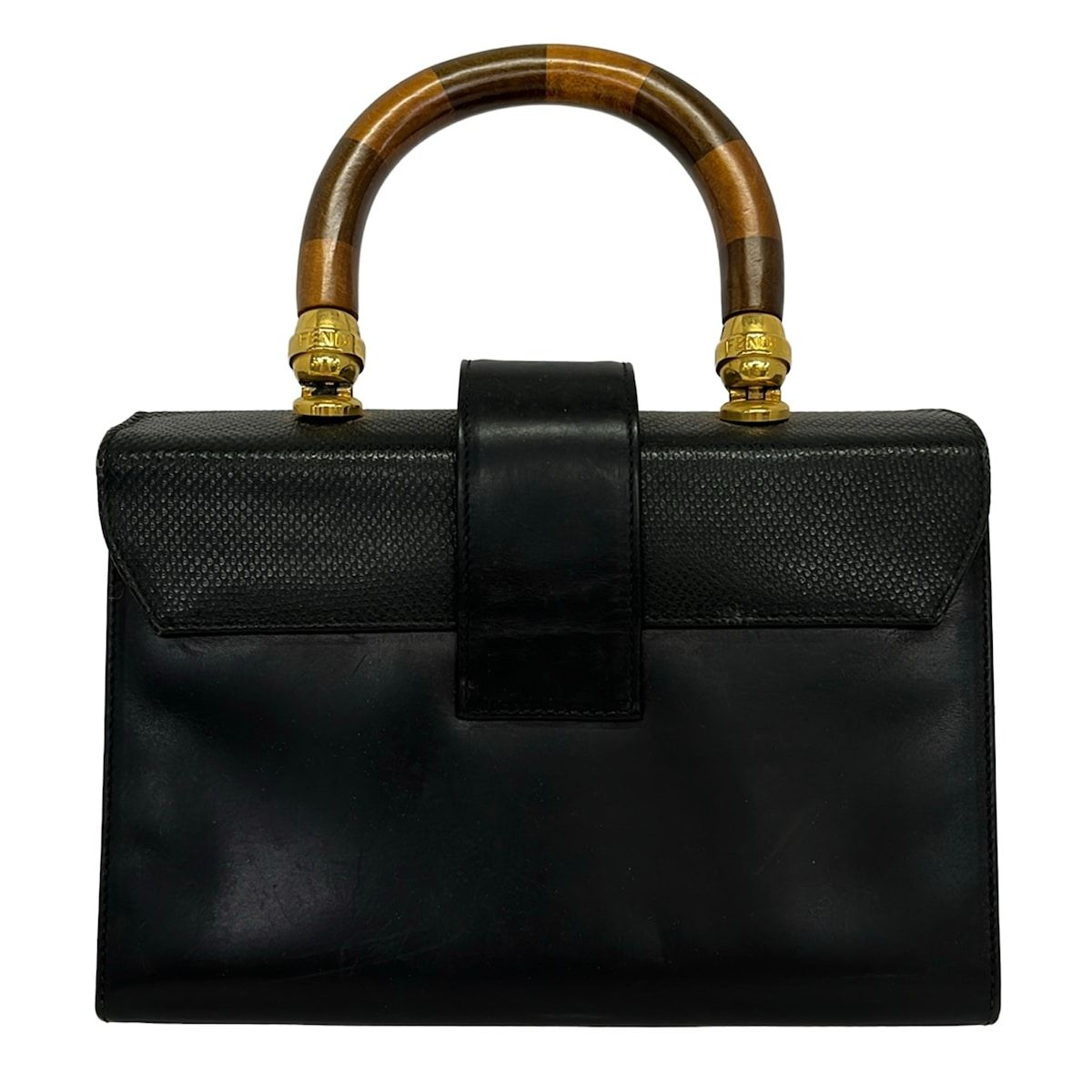 Fendi Handbag Black Dark Brown Pecan Wood Handle Leather — view 3