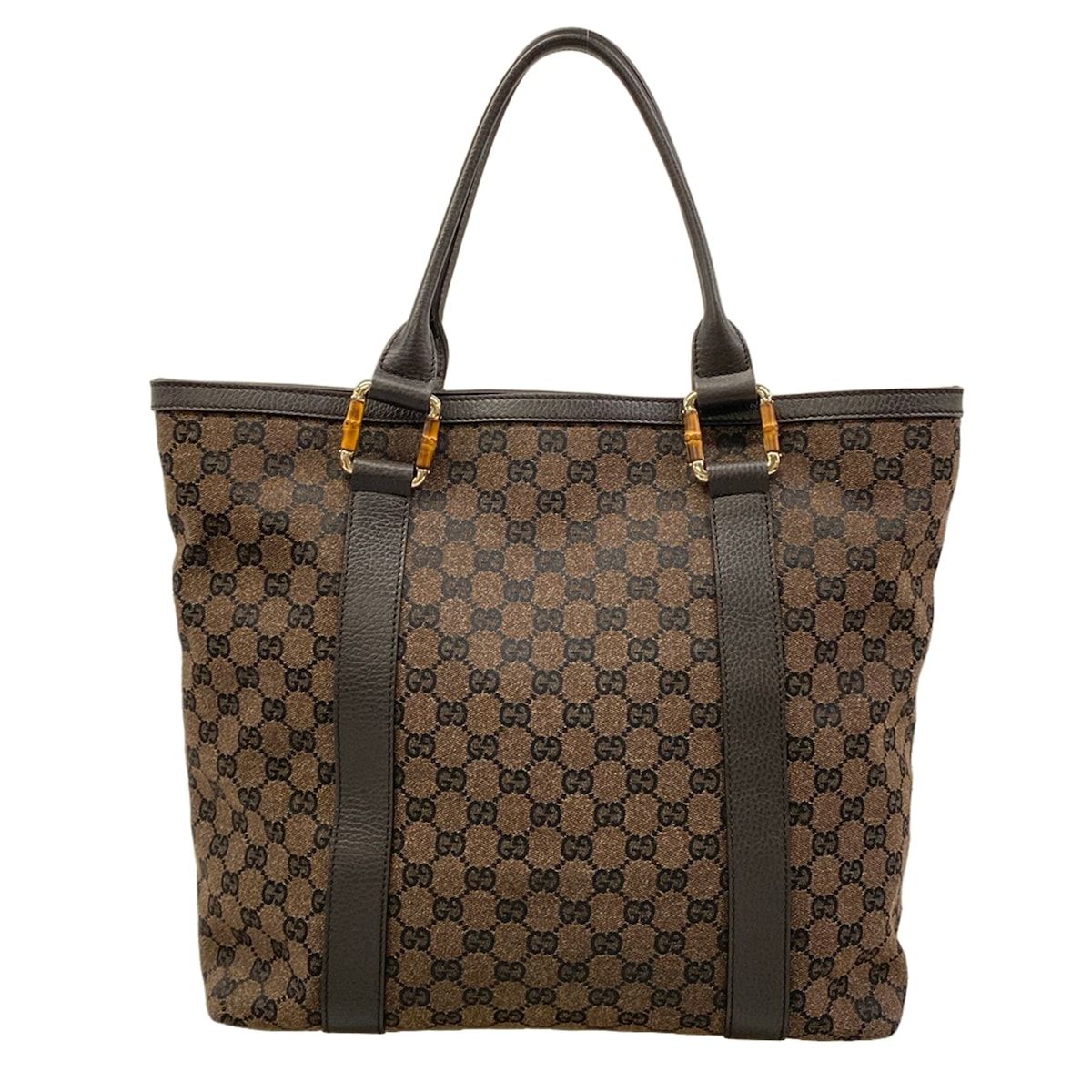 Gucci Tote GG Pattern Bamboo Dark Brown Black Leather