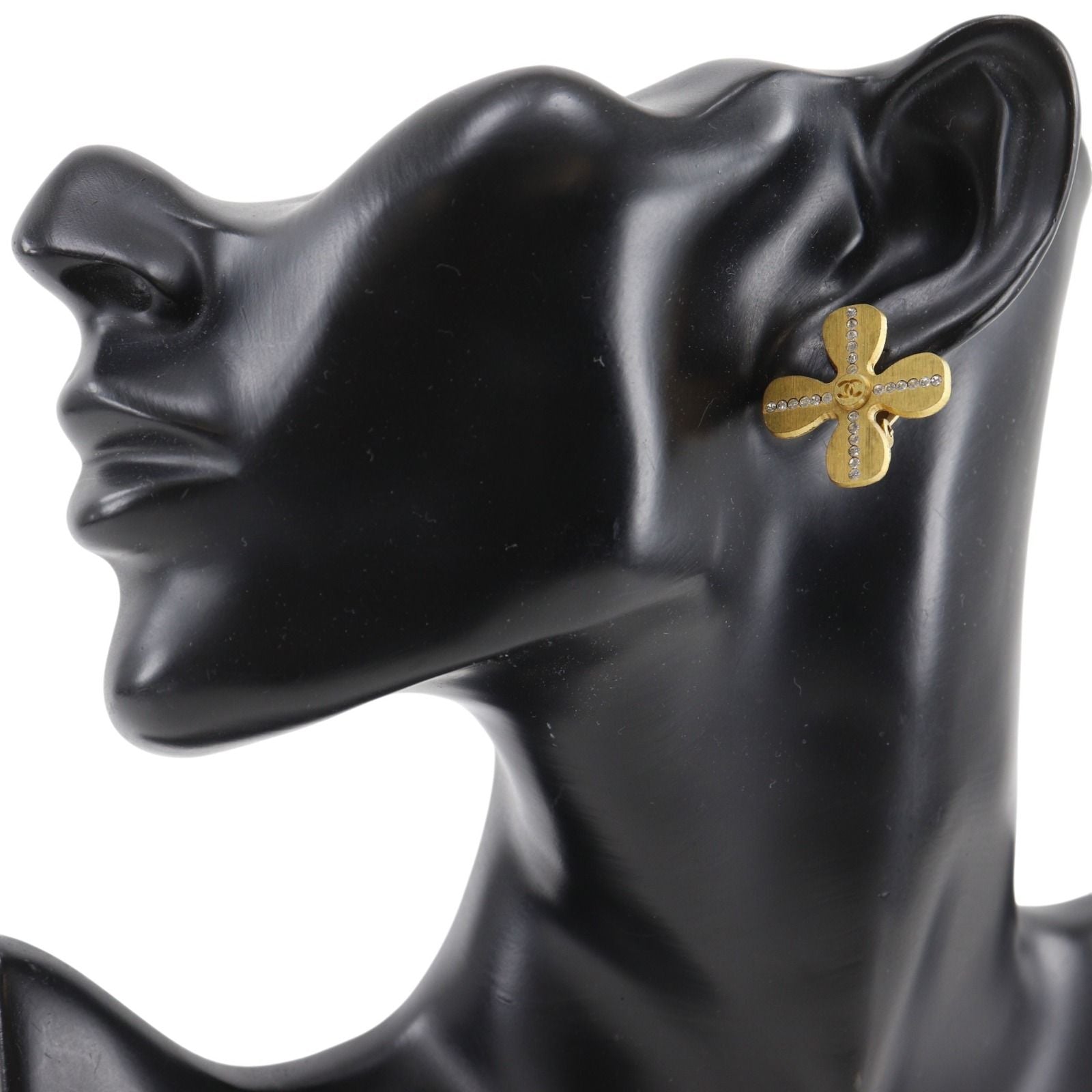 Chanel Clover CC Logo Gold Plated Rhinestone Earrings — view 2