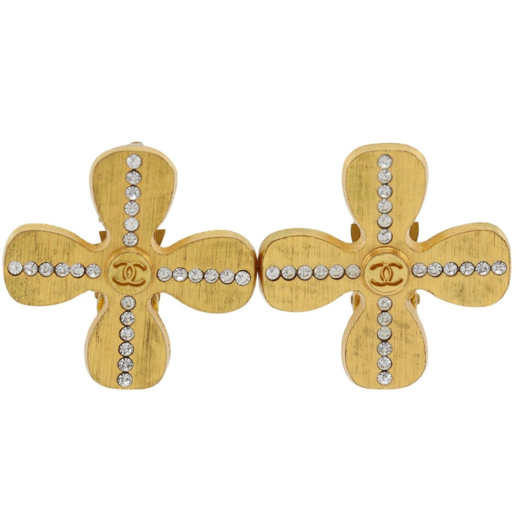 Chanel Clover CC Logo Gold Plated Rhinestone Earrings
