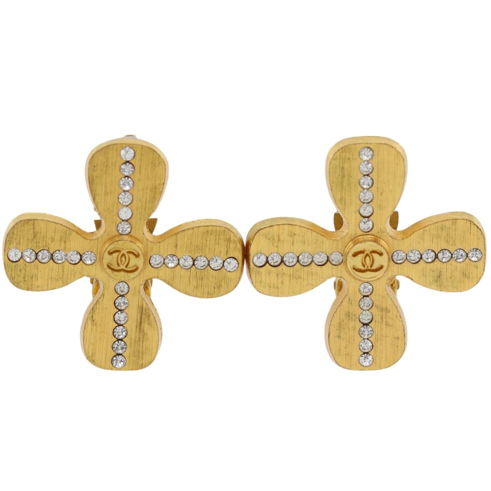 Chanel Clover CC Logo Gold Plated Rhinestone Earrings