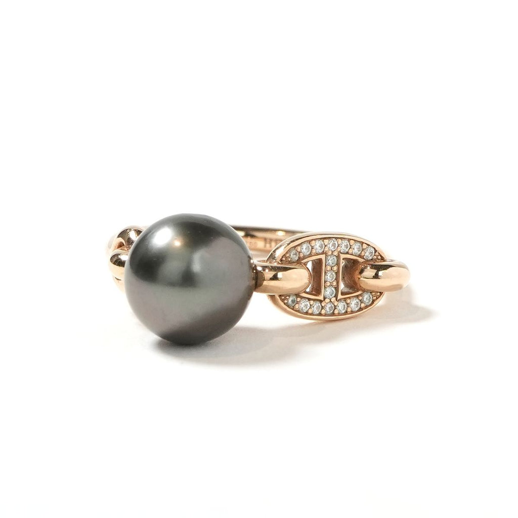 Hermes Chaine D'ancre Pearl Diamond Ring Openring Pink Gold Black 18k