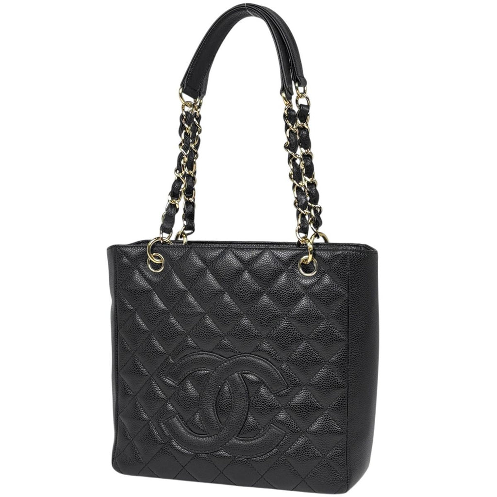 Chanel CC Logo Chain Tote Shoulder Bag Quilted Petite Shopping PST Bag Caviar