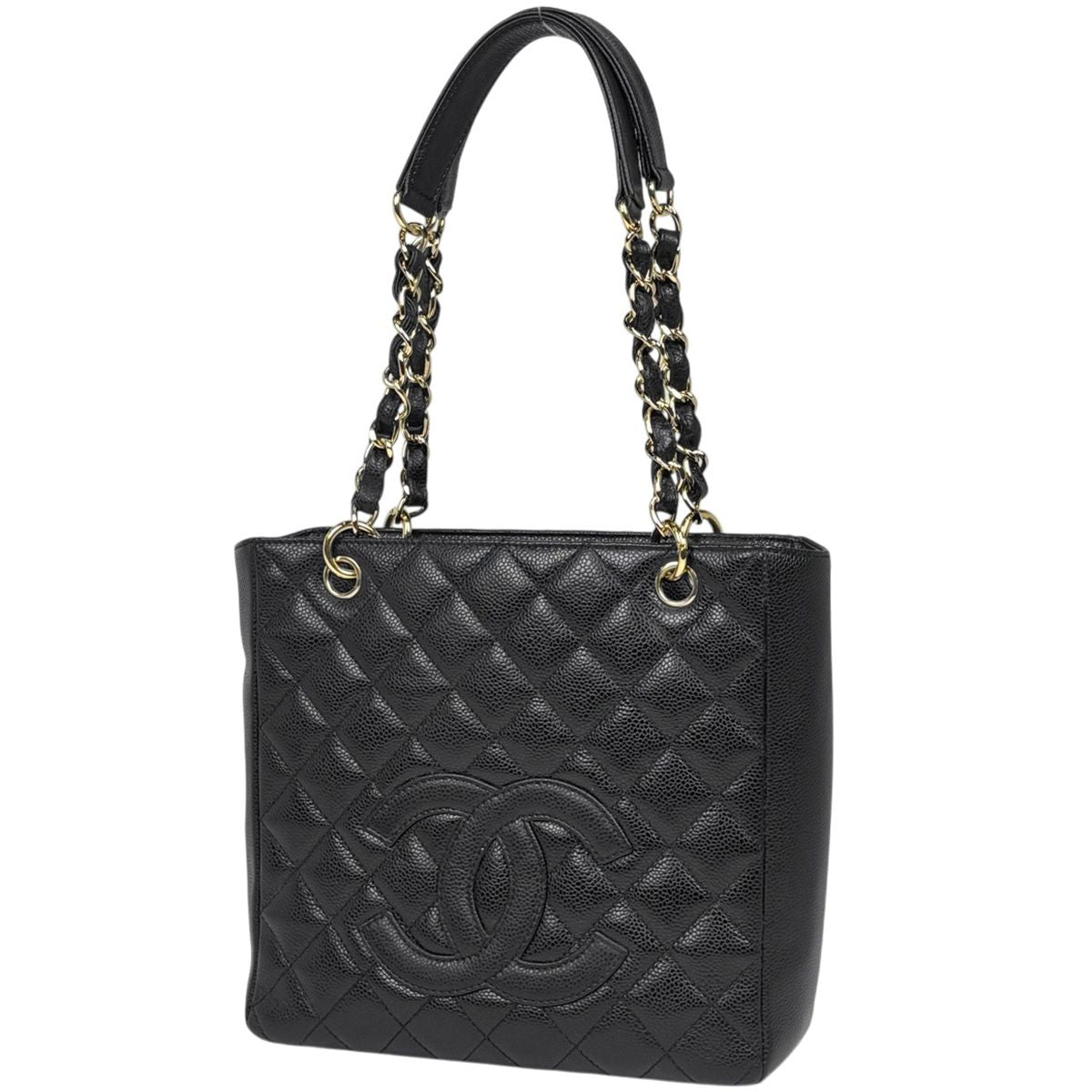 Chanel CC Logo Chain Tote Shoulder Bag Quilted Petite Shopping PST Bag Caviar