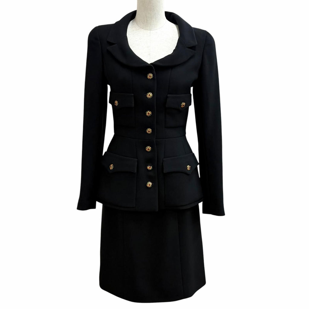 Chanel Vintage Wool Gripoix Buttoned 4 Pocket Jacket Skirt Set 38