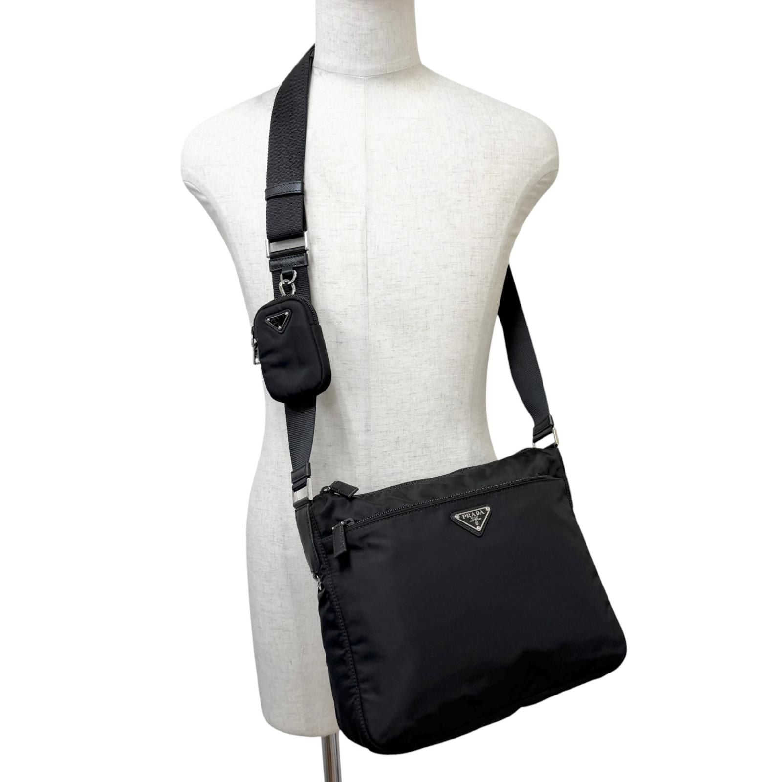Prada Leather Re-Nylon Triangle Logo Pouch Crossbody Shoulder Bag Black — view 2