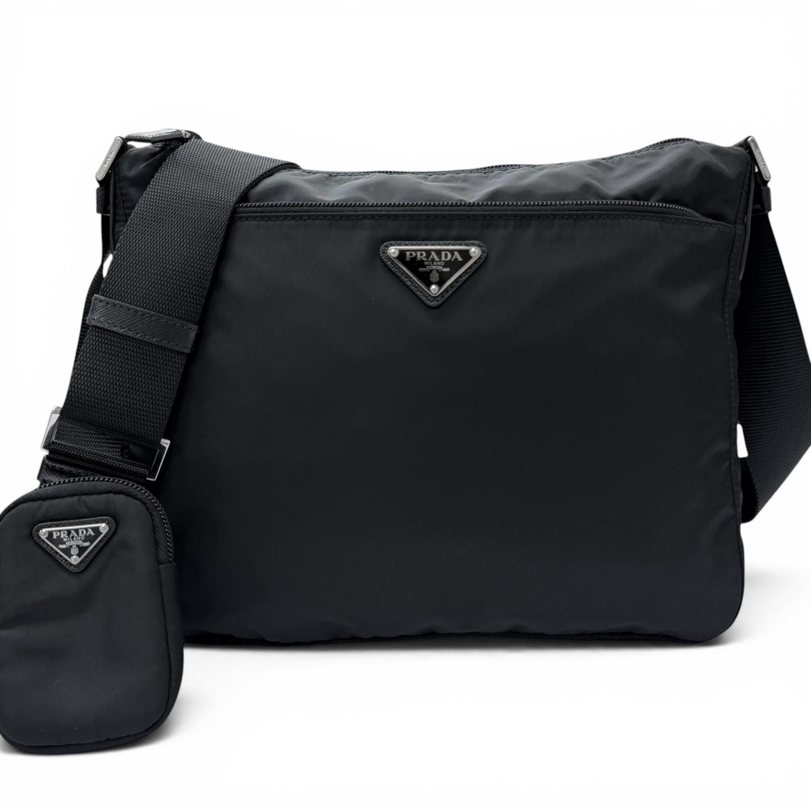 Prada Leather Re-Nylon Triangle Logo Pouch Crossbody Shoulder Bag Black