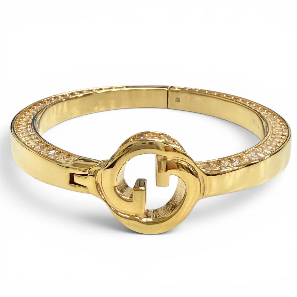 Gucci Interlocking Rhinestone Blanc D Bangle Bracelet Gold