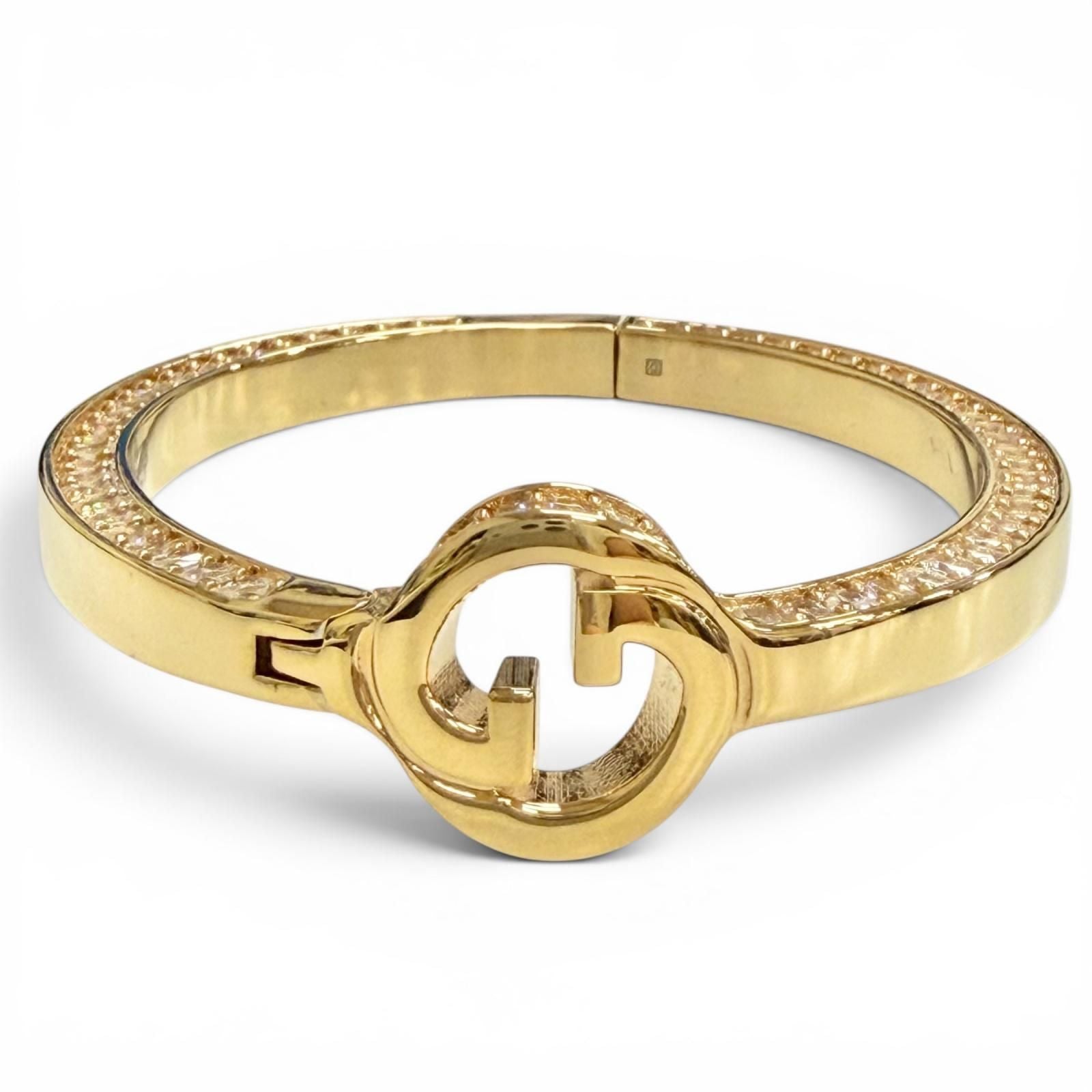 Gucci Interlocking Rhinestone Blanc D Bangle Bracelet Gold