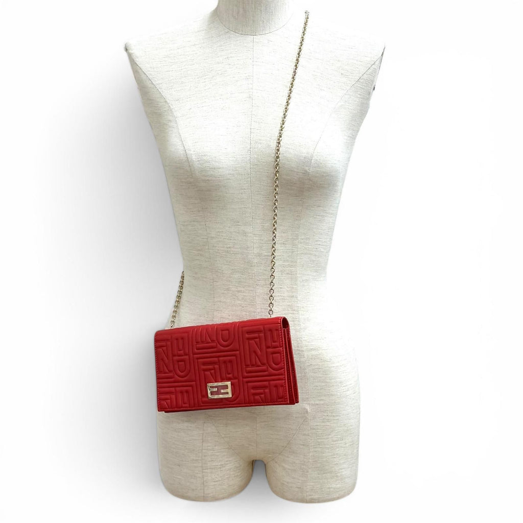 Fendi FF Embossed Logo Leather Chain Wallet Red Gold Shoulder — view 3