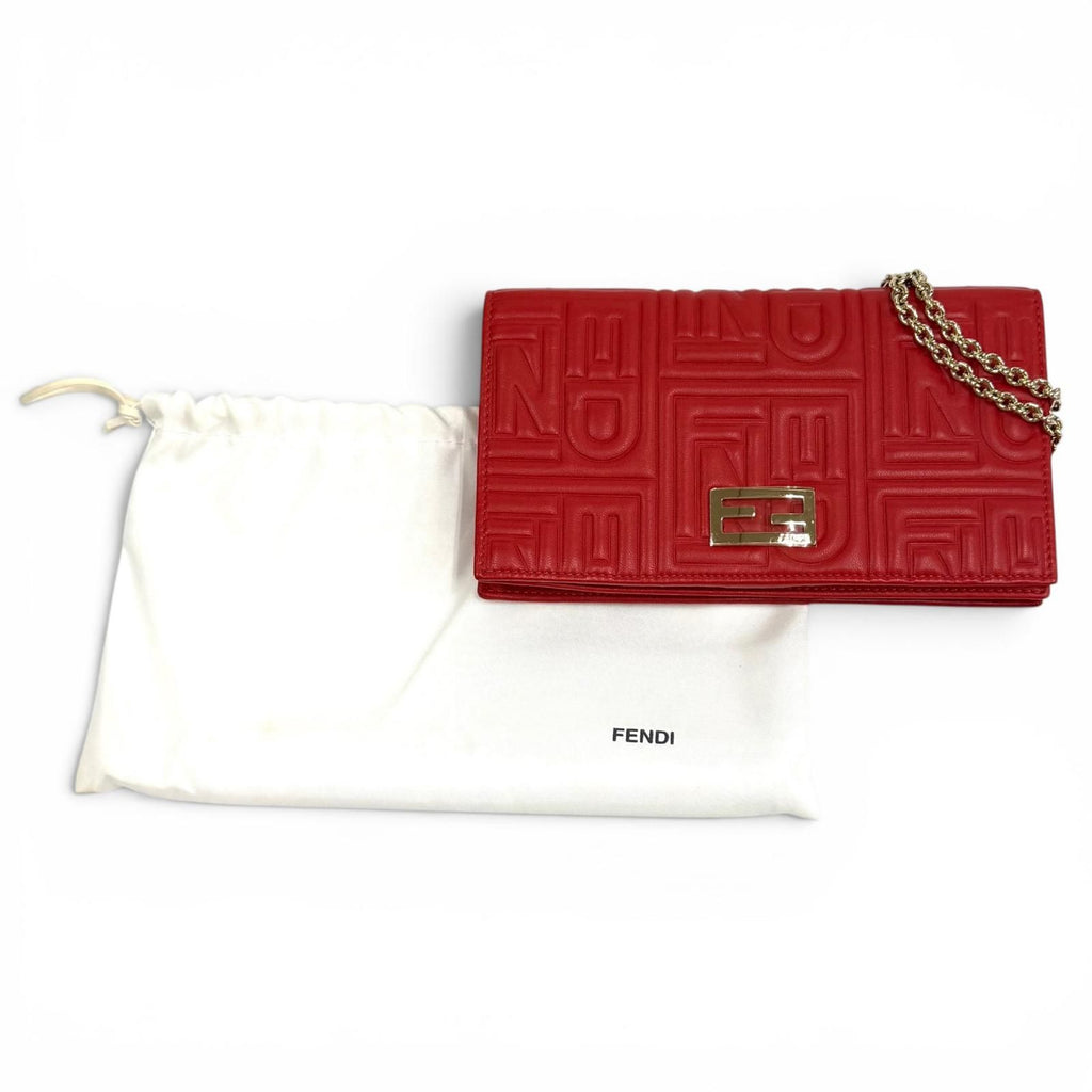 Fendi FF Embossed Logo Leather Chain Wallet Red Gold Shoulder — view 2
