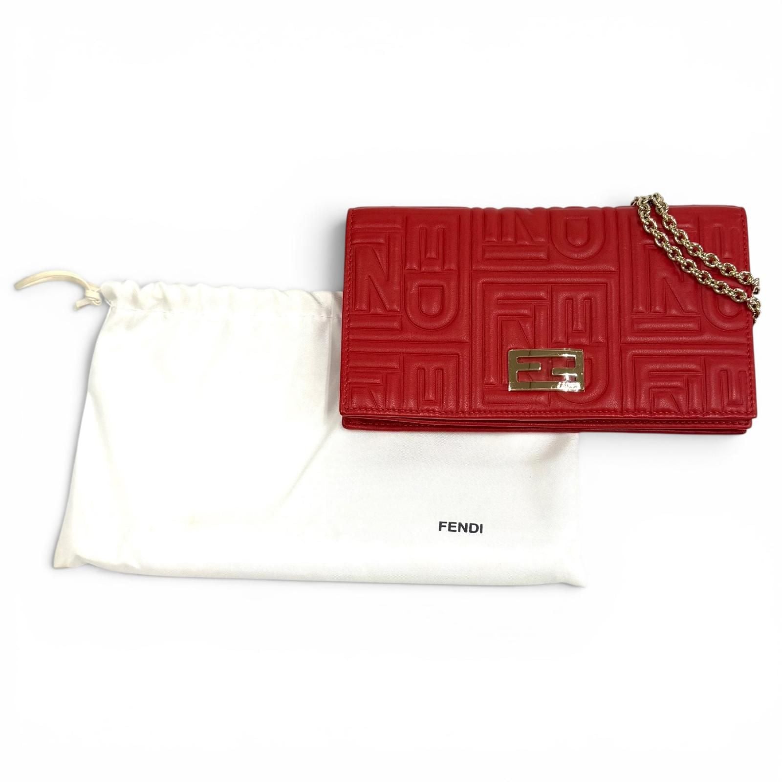 Fendi FF Embossed Logo Leather Chain Wallet Red Gold Shoulder — view 2