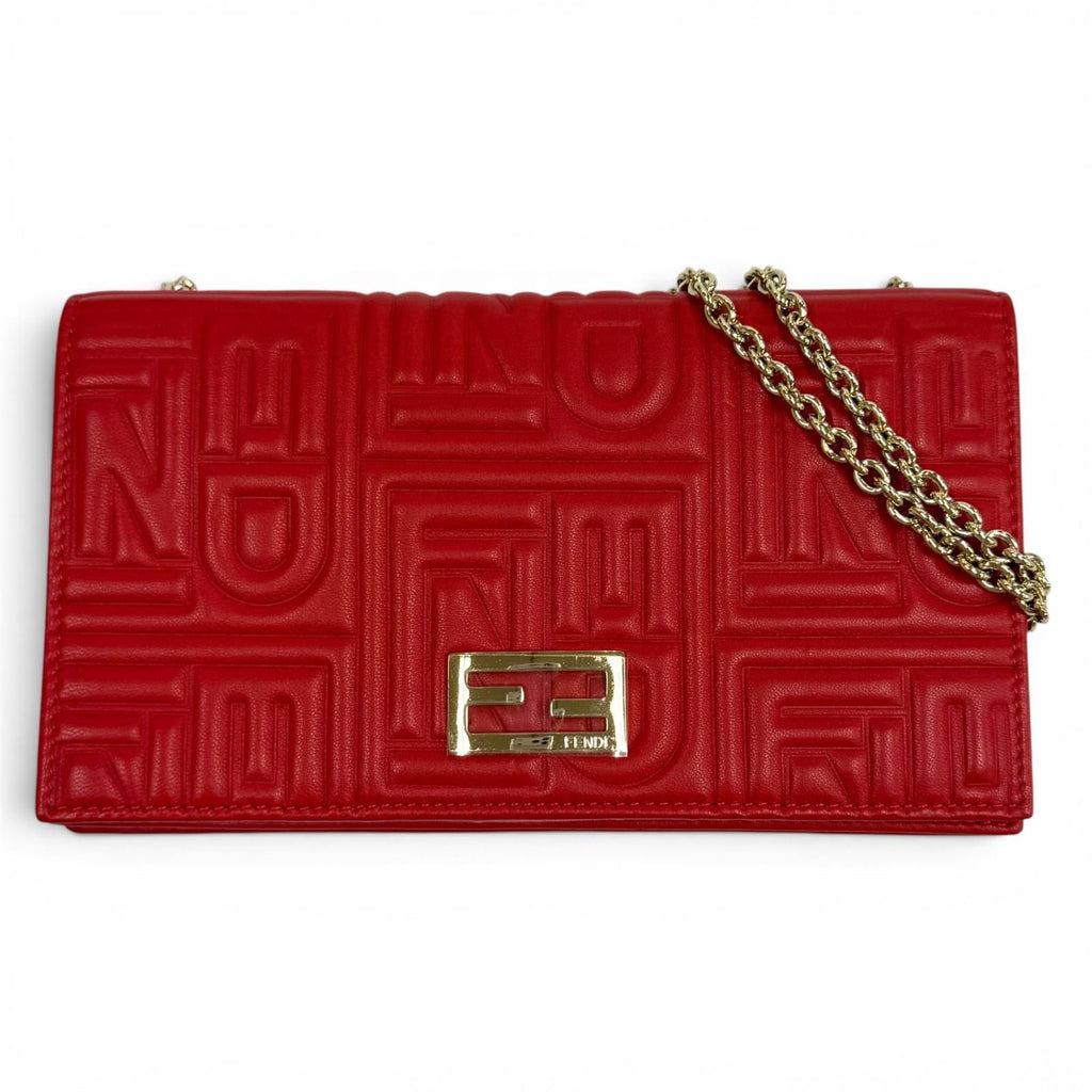 Fendi FF Embossed Logo Leather Chain Wallet Red Gold Shoulder