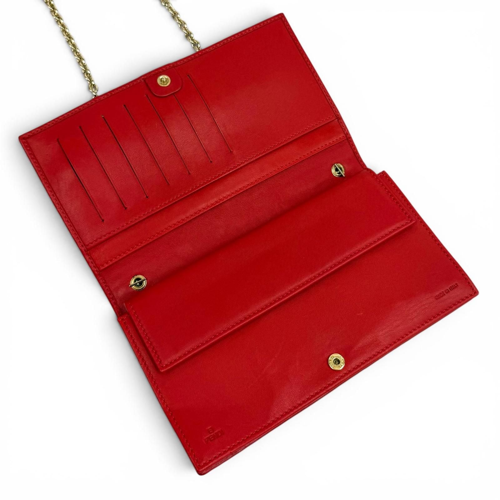Fendi FF Embossed Logo Leather Chain Wallet Red Gold Shoulder — view 6