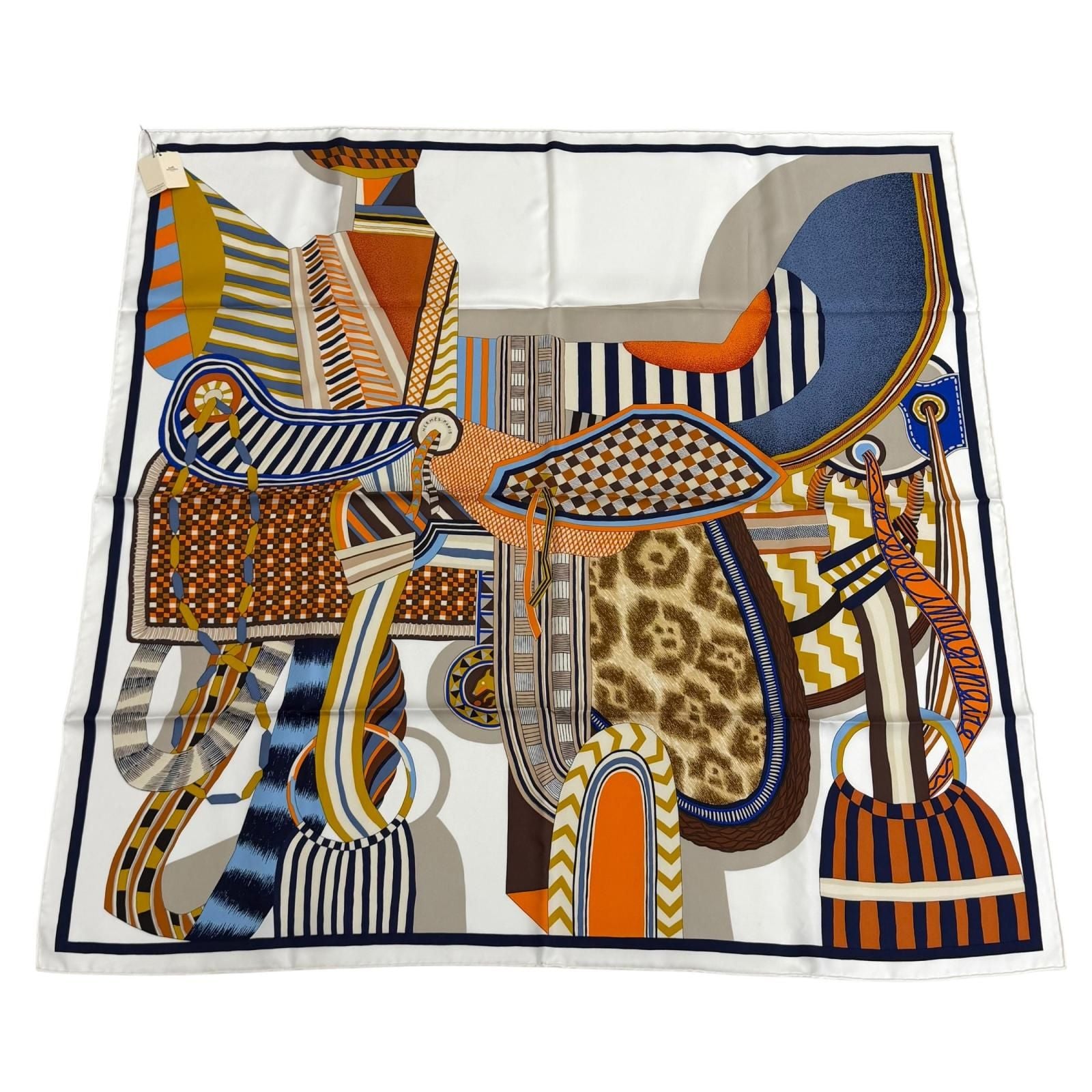 Hermes Carre 90 la Selle Imaginaire Silk 100% Blanc Bleu Brun Scarf