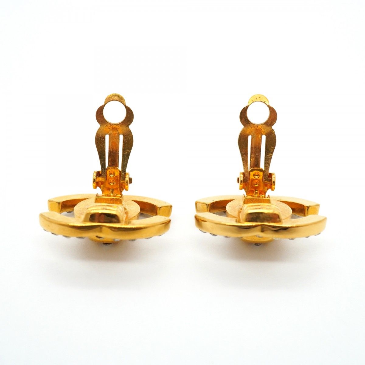 Chanel Earrings Vintage CC Logo rock Gold Plated Rhinestone — view 6