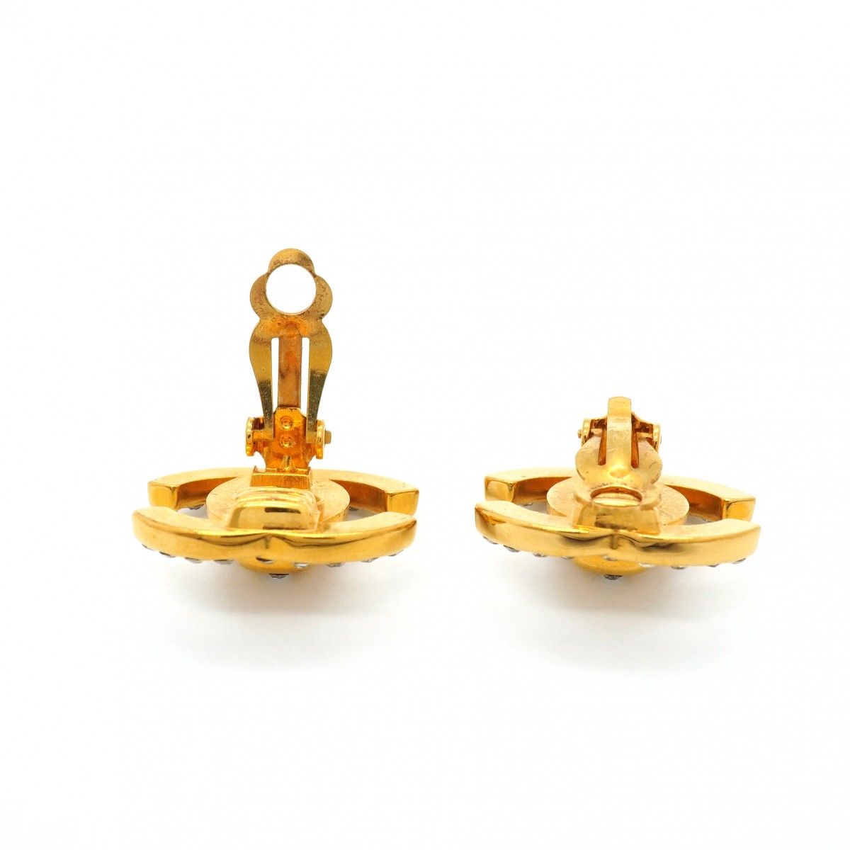 Chanel Earrings Vintage CC Logo rock Gold Plated Rhinestone — view 3