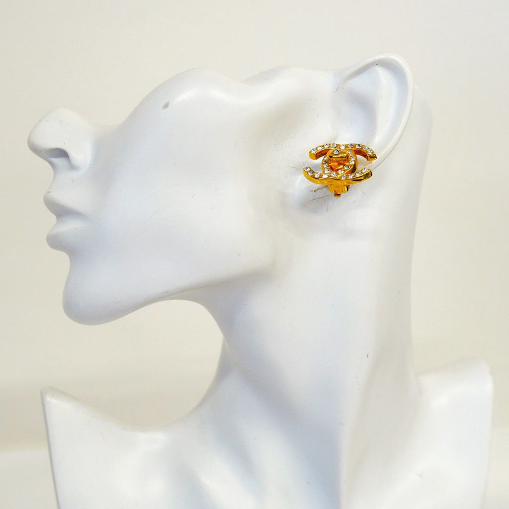 Chanel Earrings Vintage CC Logo rock Gold Plated Rhinestone — view 5
