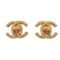 Chanel Earrings Vintage CC Logo rock Gold Plated Rhinestone