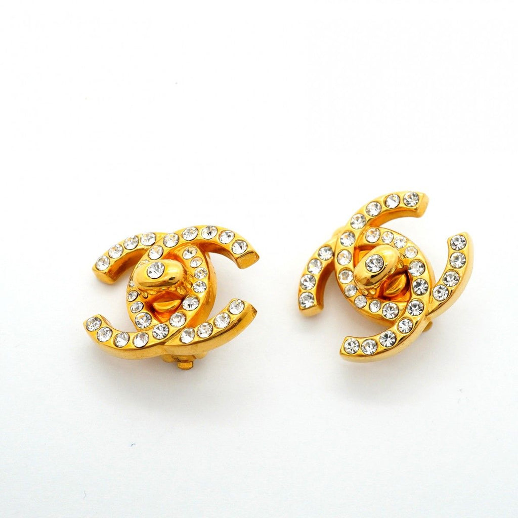 Chanel Earrings Vintage CC Logo rock Gold Plated Rhinestone — view 2