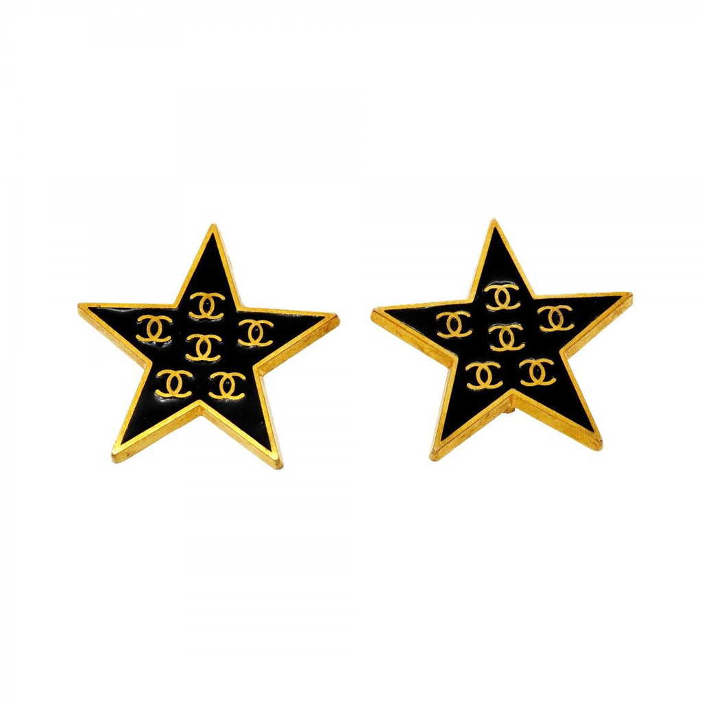 Chanel Earrings CC Logo Star Gold Plated Blackcles